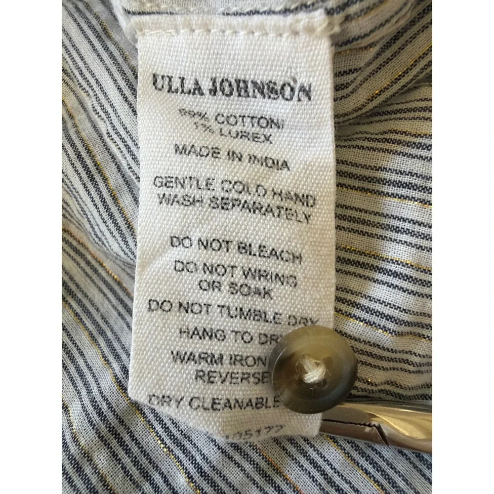 Ulla Johnson Striped Tie Neck Blouse Blue White‎ Gold Lurex Ruffle Sleeve Size 2